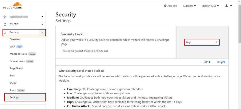 Change Website Security Level in Cloudflare
