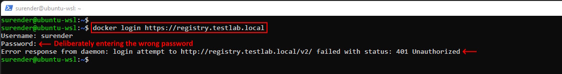 Error response from daemon: login attempt to http://registry.testlab.local/v2/ failed with status: 401 Unauthorized