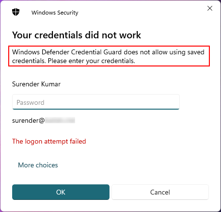 Windows Defender Credential Guard does not allow using saved credentials